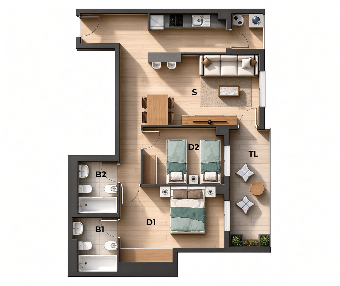 Plano de la tipología P con 2 dormitorios